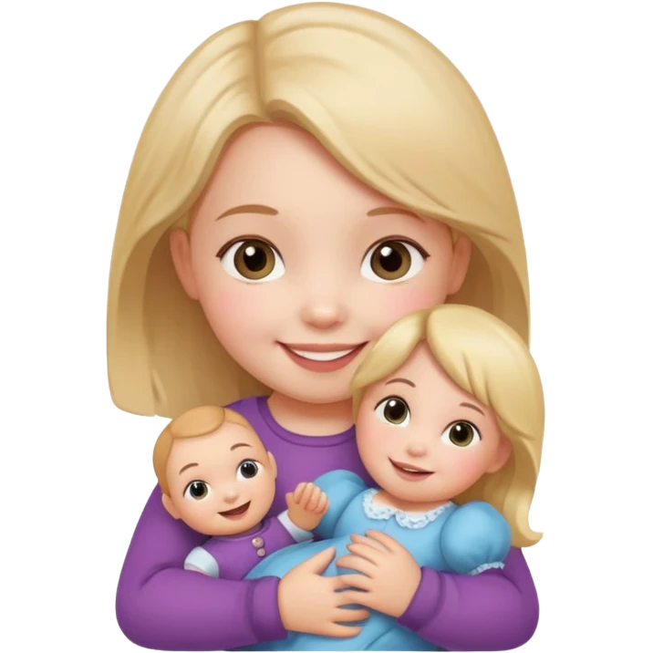 Toddler girl – holding a doll with a smile. emoji