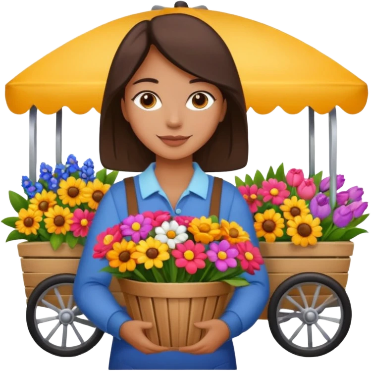 Shopper with flower bouquet,Farmers’ Market, background Flowers cart, market. emoji