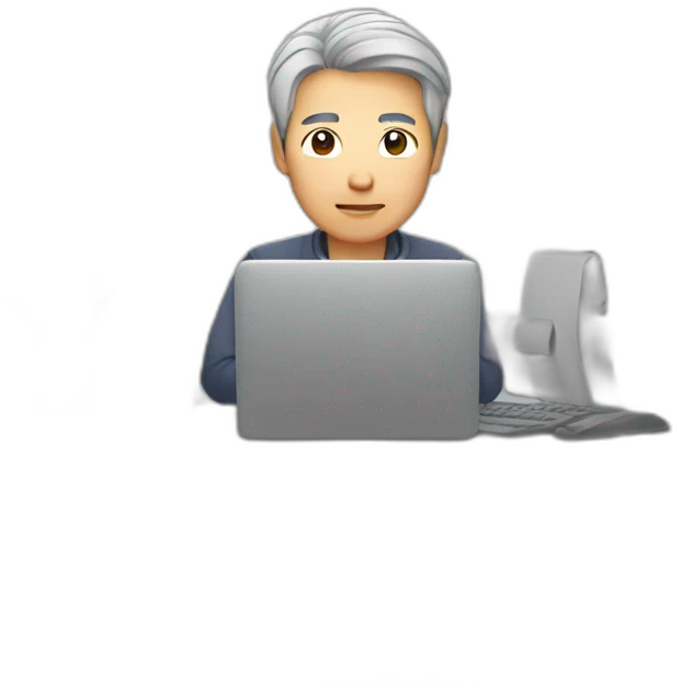 Asian Man gray hair sitting at computer emoji