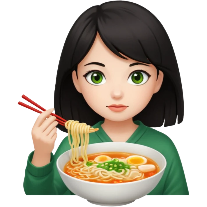 a dark-haired girl with green eyes is eating ramen emoji