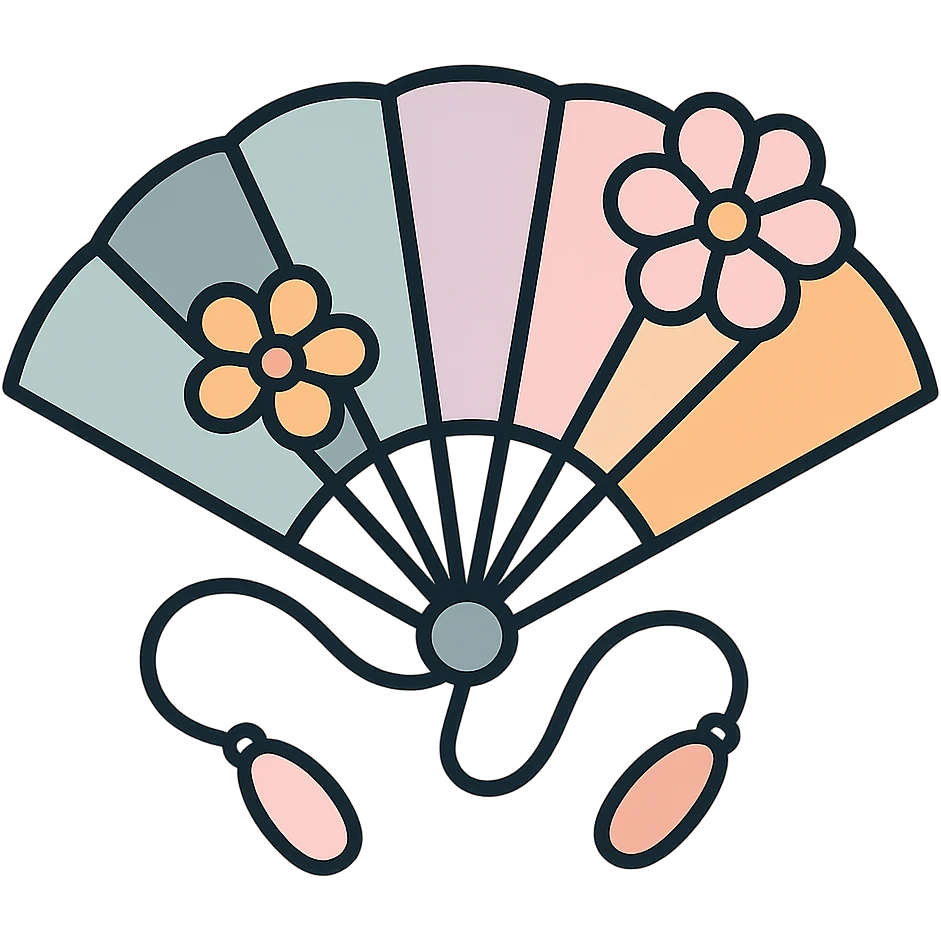 beautiful Chinese fan with elegant curved cords and flowers, thin clean outlines, soft rounded shapes, pastel palette #98B5BC, #B5B3C1, #C9A3C9, #E4C0CA, #F7DCD1, #F7C0AA, modern Japanese pop art and sticker aesthetic, detailed shadows and highlights, soft lighting, transparent background emoji