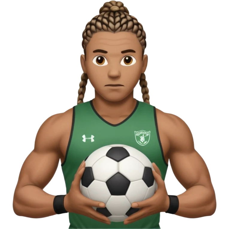Make a black strong person with cornrows with huge biceps holding a the soccer ball in between his hand almost like hes trying to break it emoji