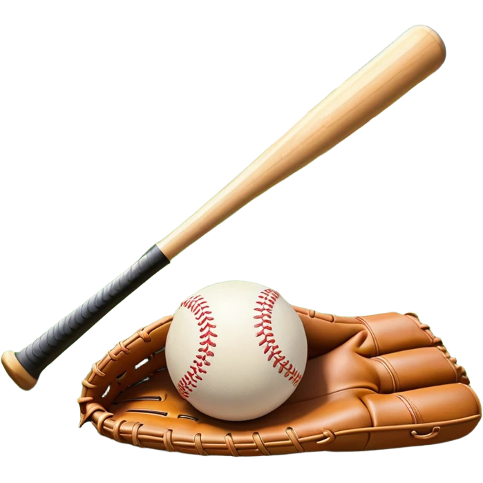 A baseball bat, ball, and glove placed on the grass of a baseball field, with the diamond and base lines clearly visible in the background. The scene captures the essence of the sport, with the equipment ready for action on the neatly marked field. emoji