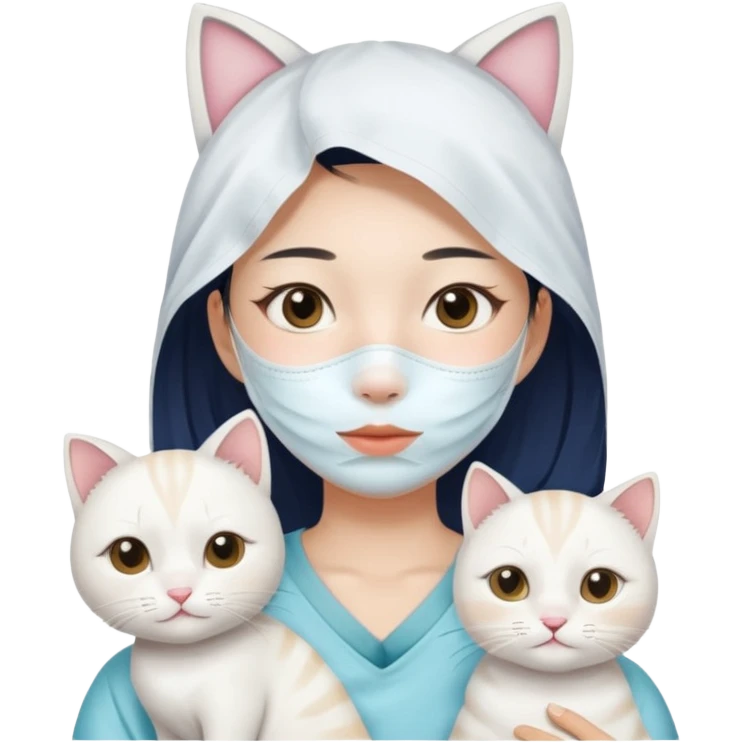 Asian girl with facial sheet mask pack with one  white cat emoji