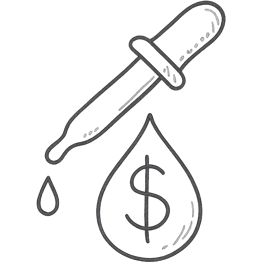 hand-drawn outlined pipette at the top of a golden drop with a dollar sign inside the drop emoji