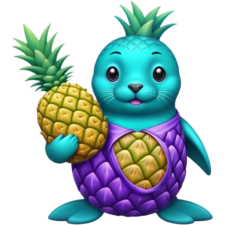 seal that is completely teal-colored holding a pineapple that is completely purple-colored emoji