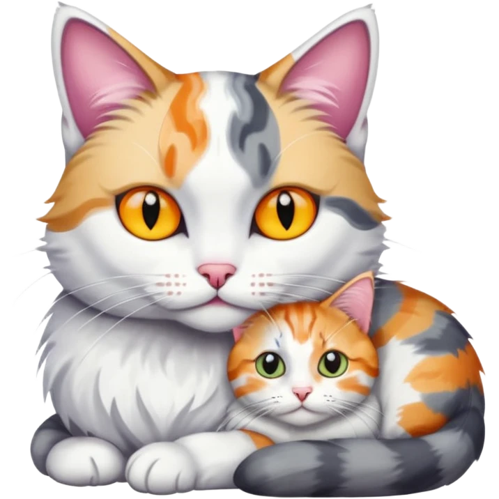 grey and white cat cuddling a colourful light patched calico + white tabby cat emoji