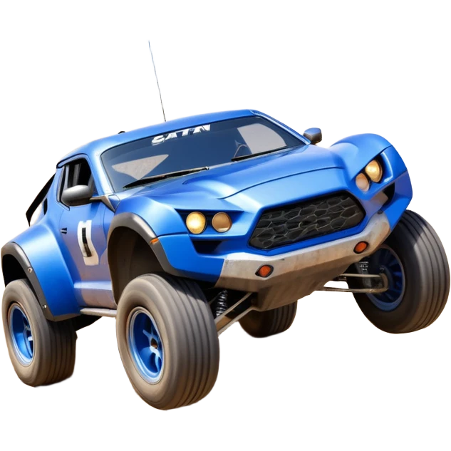 Satan’s (post race) ultra blue wide-body Dirty and dented Local Motors Rally Fighter off road race car hot rod flying turning a tight corner (silver wheels) emoji