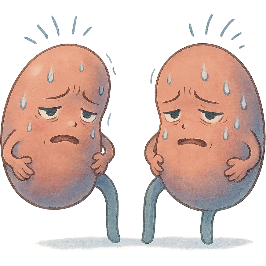 cartoon kidneys with stress lines and sweat, holding their sides, tired eyes, soft blue and pink tones, medical style emoji