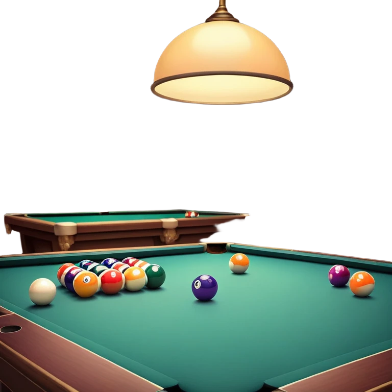 A well-arranged pool table with colorful billiard balls neatly placed, and a cue stick poised to take a shot. The setting is a dimly lit room with a focused atmosphere, highlighting the precision and strategy involved in the game of billiards. emoji