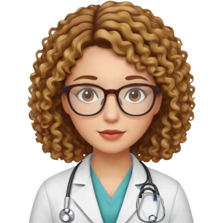 doctor woman with brown  curly hair with blonde highlights, she has glasses emoji