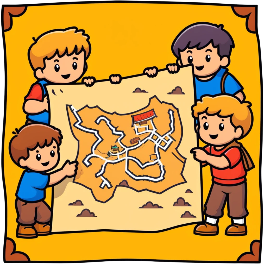 group of goonies kids examining a treasure map emoji