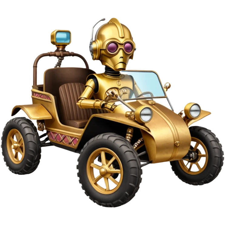 Old American southWest tarnished neon underglow C-3PO bounty hunter 1964 delicately ornate rosegold wood accents painted dune buggy buckboard powered by electric motors and batteries with safety and belts flying rapidly roughening terrain stable on strong agile advanced suspension and steering emoji