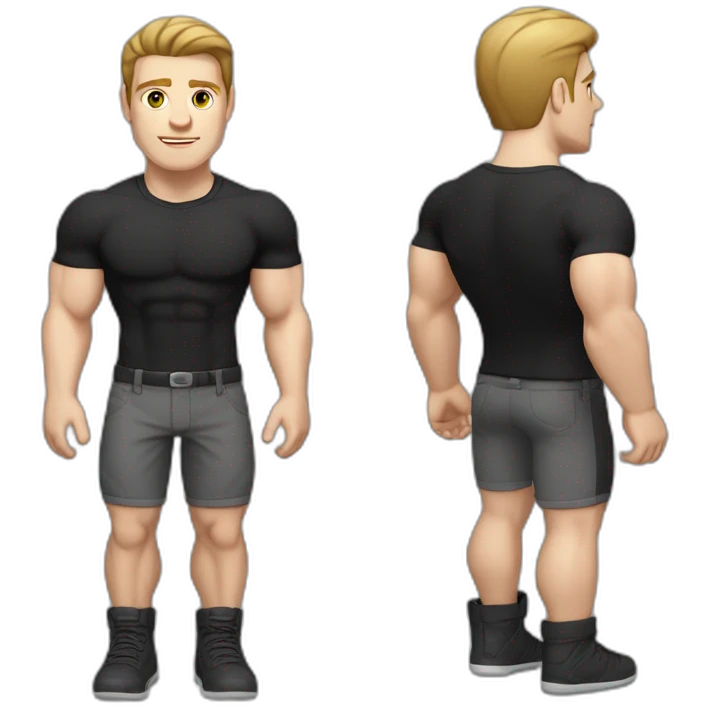 Pale skinned Fit Man With the biceps and dark brown hair in black shirt and gray shorts emoji