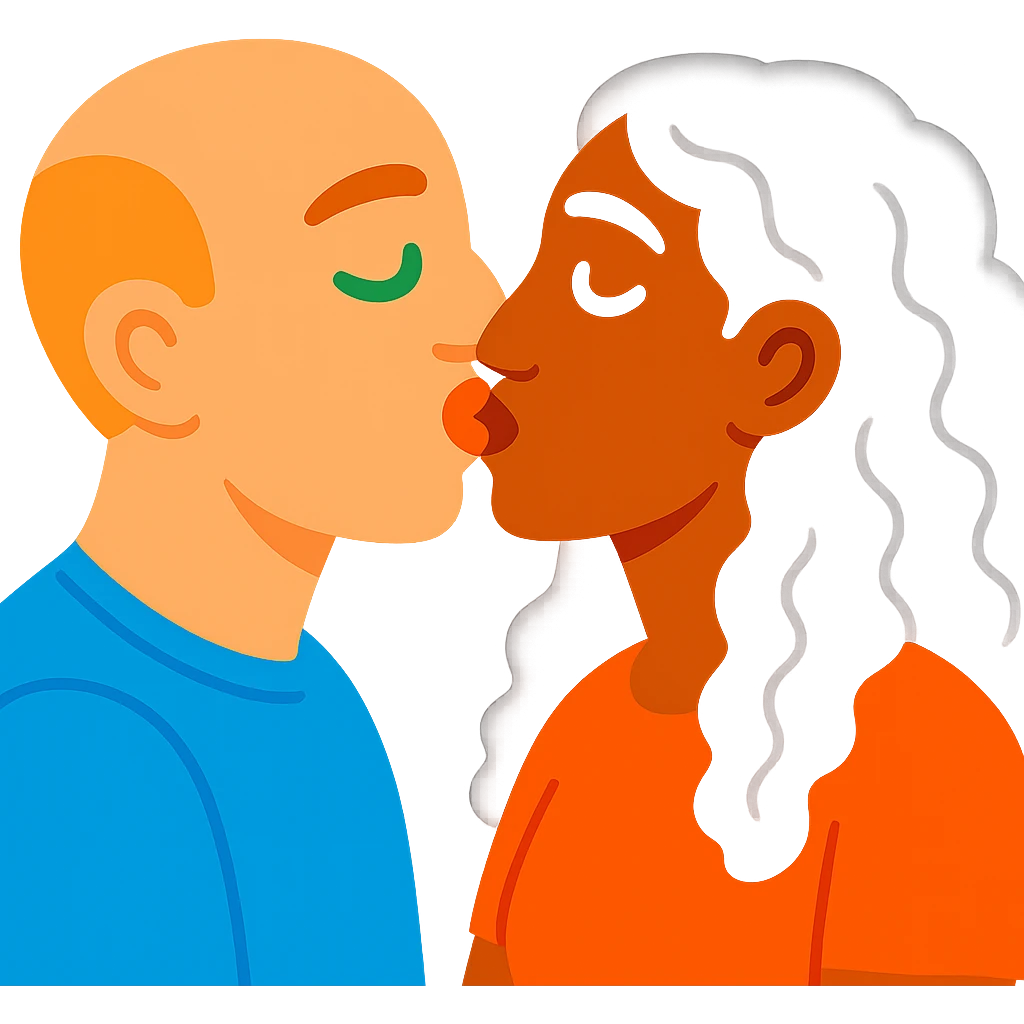 caucasian bald man with green eyes and caucasian woman with long curly dark hair and brown eyes kissing, vibrant toon style emoji