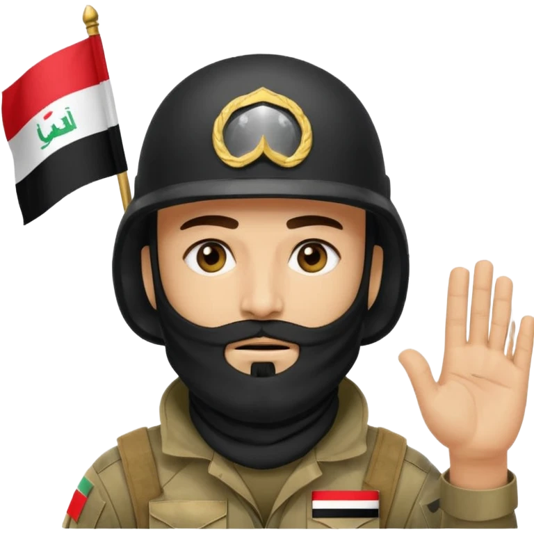 surrenders, depicts an Iraqi soldier from 1980, with a beard, in a helmet, a helmet with sign flag Iraq, with a balaclava, with sad eyes and both hands raised up emoji