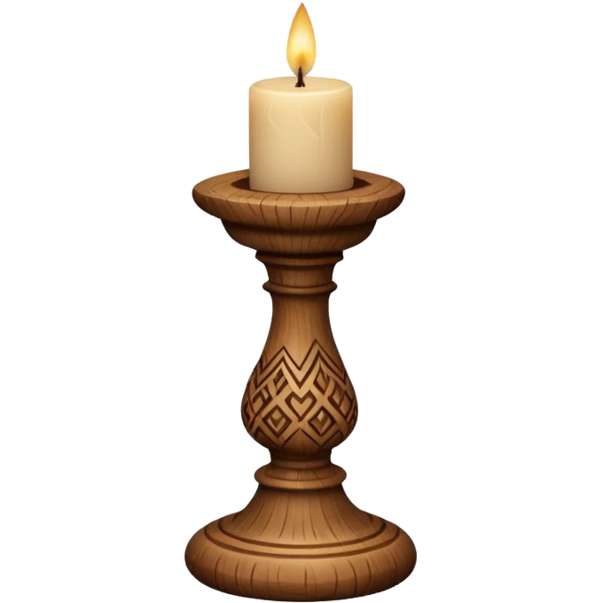 A short wooden candlestick carved with simple rustic patterns. emoji