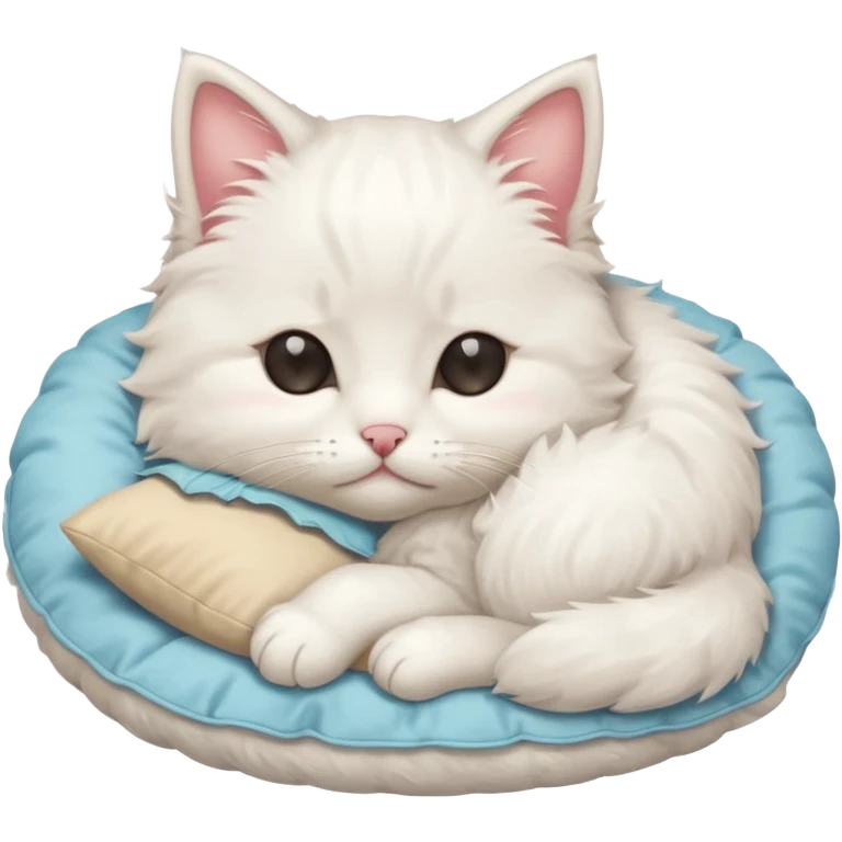 Stitch white fluffy kitten snuggling a pillow, cheeks rosy, eyes closed in > < shape emoji