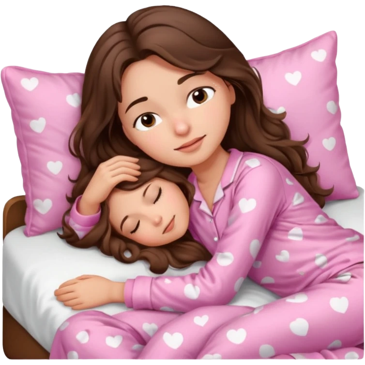 Brunette girl with long wavy brown hair with brown eyes and sleeping on a withe bed with cute pink pjs emoji