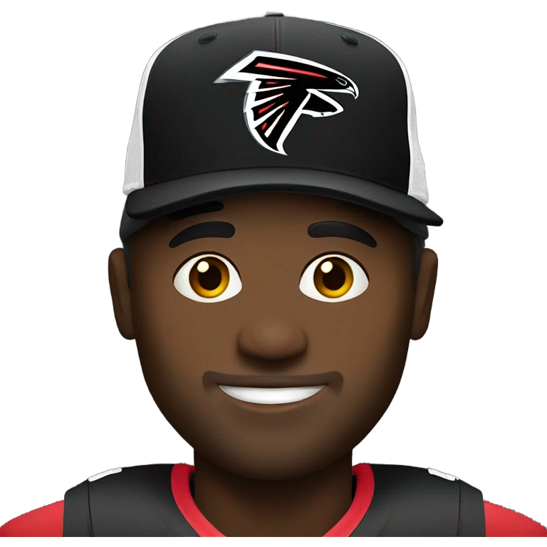 Black man wearing a hat with the NFL falcons logo on it and also wearing the nfl falcons jersey emoji