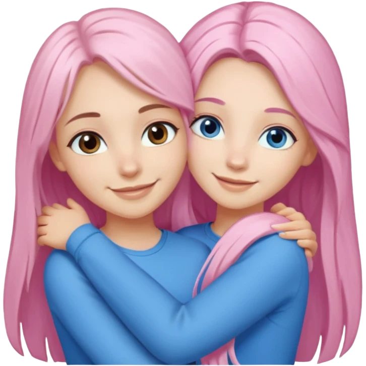 four white grips hugging and smiling    2 girls with brown eyes and long dark brown hair. One girl with long light pink hair and blue eyes, one girl with blue eyes and light blonde hair emoji