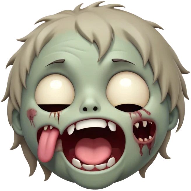 Cinematic Cute Yawning Zombie Portrait Emoji, with a delightfully quirky, slightly disheveled face in muted ashen tones, head tilted back in a big, funny yawn that reveals quirky stitches and playful gaps, simplified yet irresistibly charming, highly detailed with a soft, eerie glowing outline capturing the sleepy, offbeat vibe of a zombie taking a nap! emoji