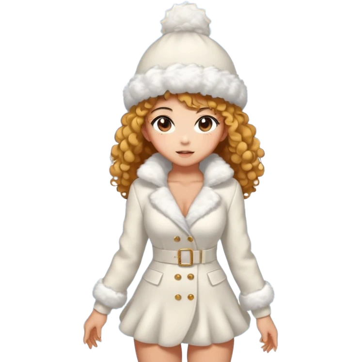 sexy and muscled tanned anime like asian girl, golder curly hair, in winter fluffy white dress-suit, in winter fluffy hat, surrounded by winter snow and ice around, full body emoji