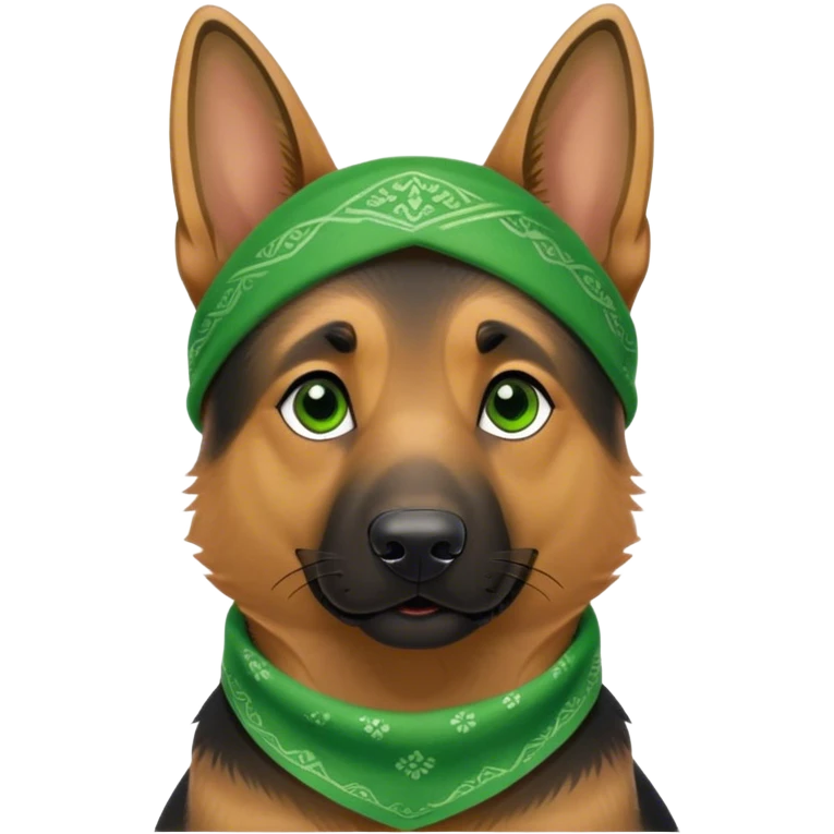 german shepherd with a green bandana looking mischievous emoji