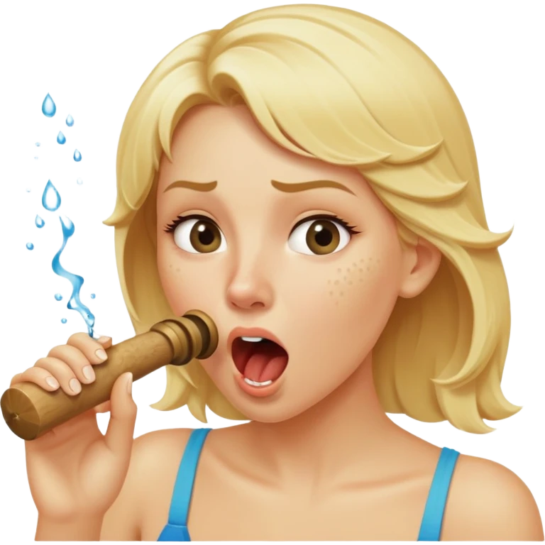 blond woman biting a wide stick with a D-shaped knob, both same color as her skin, knob with visible skin texture, water jet shooting from flat side of knob into her mouth, surprised look emoji