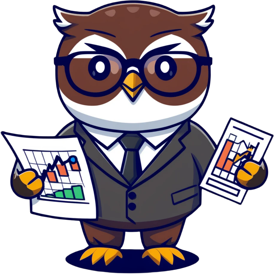 Twilio owl wearing finance outfit with business suit, glasses and stock market chart emoji