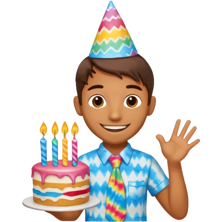 Kokopelli in a tie dye shirt and birthday cake emoji