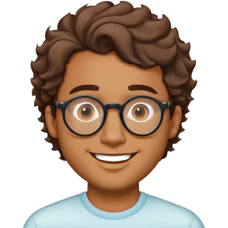 hombre moreno claro, con lentes redondos, sin barba, con cabello lacio ondulado hacía un lado y feliz emoji