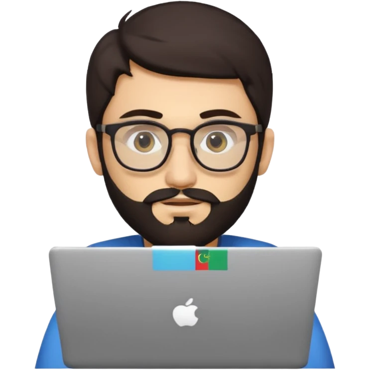 23 year old Azerbaijani man with very dark brown hair and beard with glasses and laptop , light yellow skin face, not european emoji