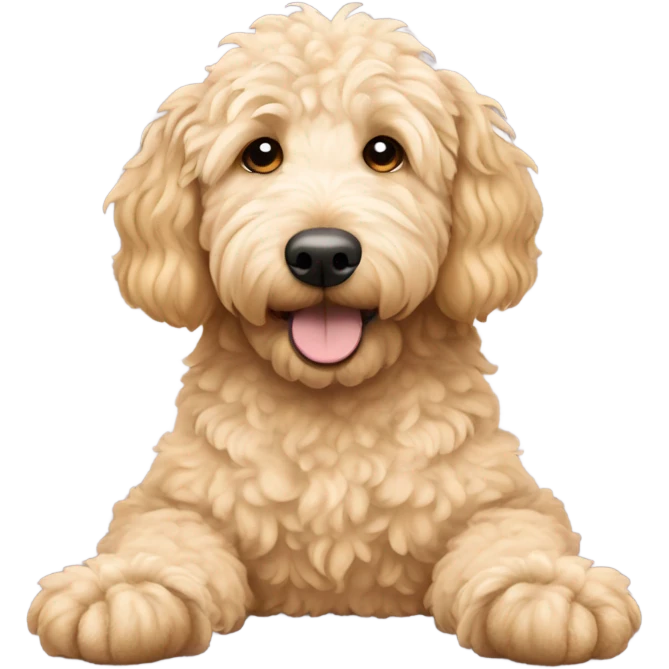 Golden doodle laying on their back with feet up emoji