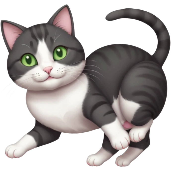 beautiful female solid dark grey cat with green eyes, white toes/paws and white patch on her chest playfully rolling upside down emoji