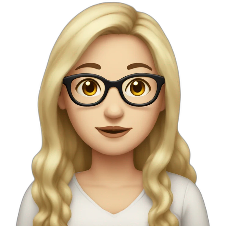 a dark long hair white woman with glasses and a little smile, little chubby, with rose cheeks, emoji