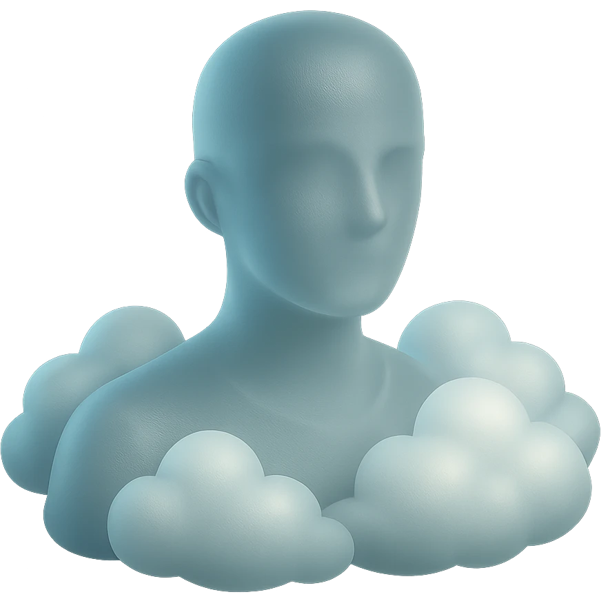 person looking straight ahead, shoulders filled with puffy white clouds, matte glass style emoji