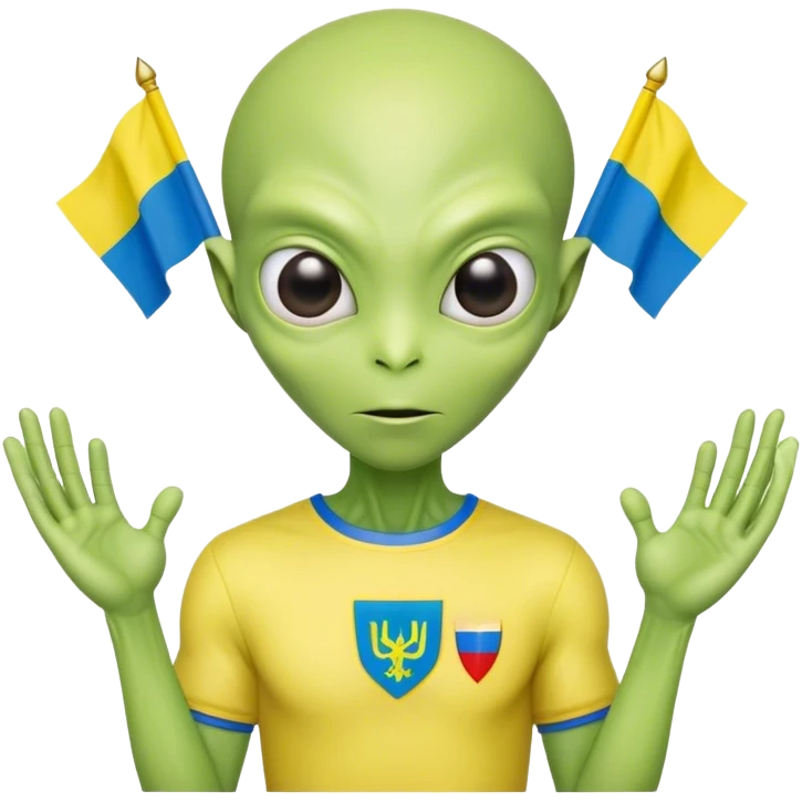 Green alien in Shirt 👚 with 🇺🇦  and 🇷🇺 Russia flag emoji