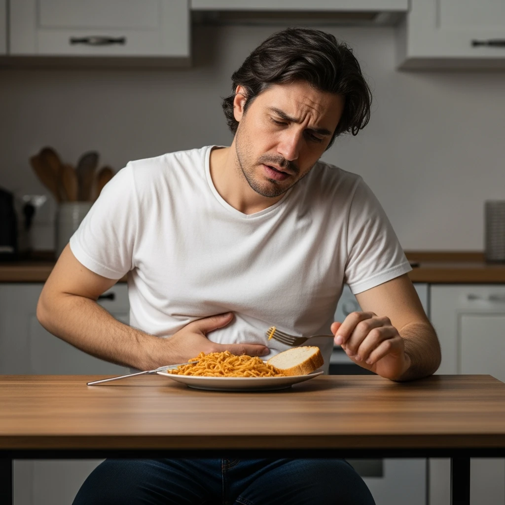 A man in his mid-30s sitting at a kitchen table with a plate of pasta and bread in front of him, looking uncomfortable and conflicted. His facial expression shows bloating, fatigue, and mild abdominal pain. One hand is on his stomach, the other hesitating to eat. emoji
