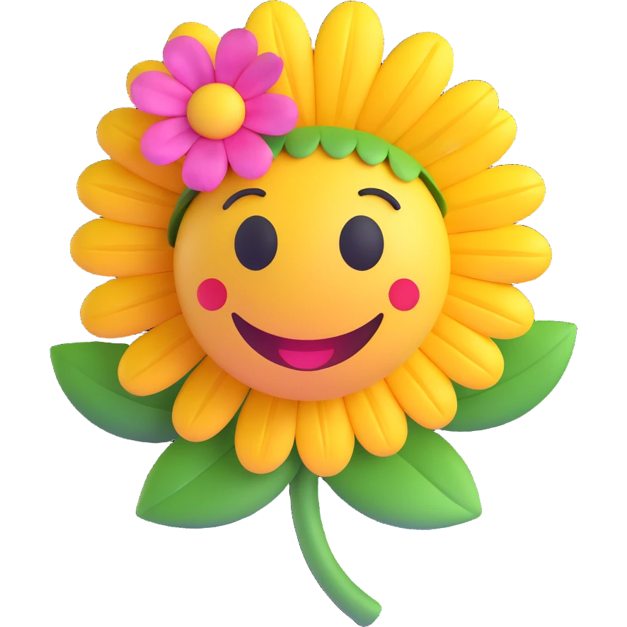3D smiley emoji, nagy szempillás, kalappal, virággal, mosolygós emoji