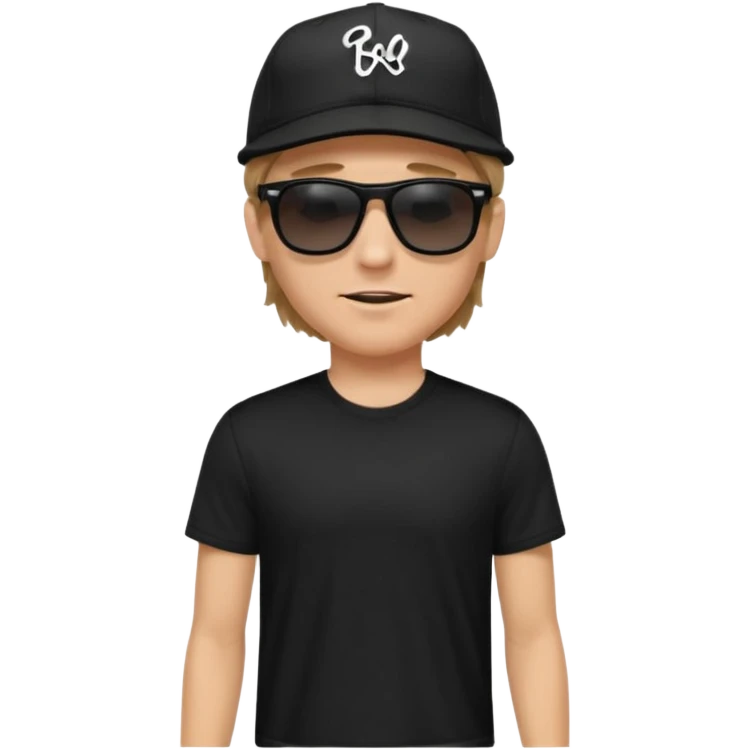 “Emoji of a white man with light brown hair under a black baseball cap, wearing a black t‑shirt and 1980s‑style black Ray‑Ban rectangle sunglasses, with black musical notes floating around his head, modern iOS emoji style. emoji