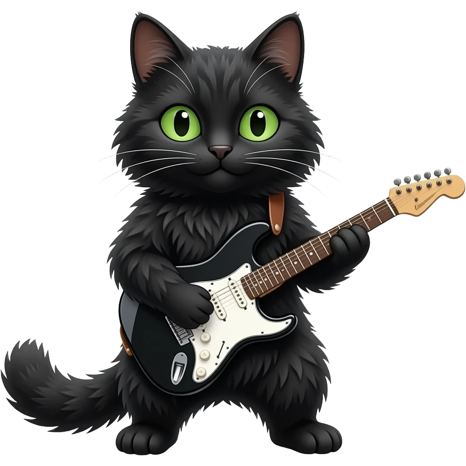((black cat longhaired)) ((black paws nose)) ((green eyes)) electric guitar emoji