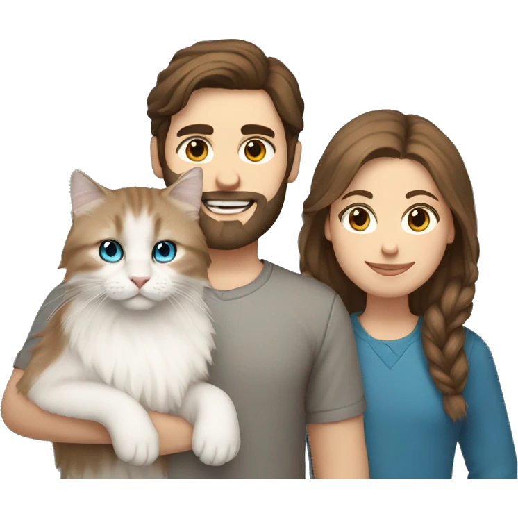 man with brown hair, a beard and blue eyes holding a white Siberian cat emoji