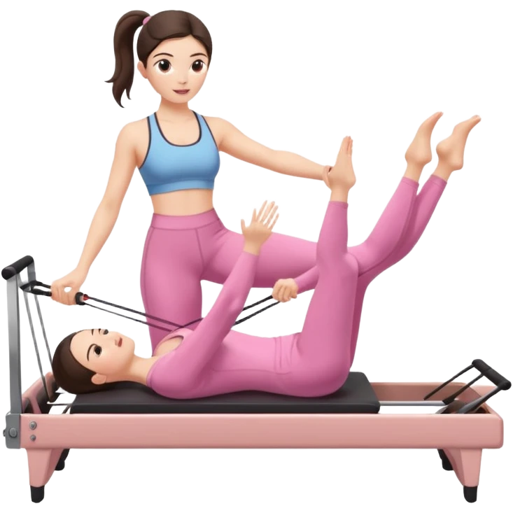 white brunette girl in light pink workout clothes doing pilates on a reformer emoji