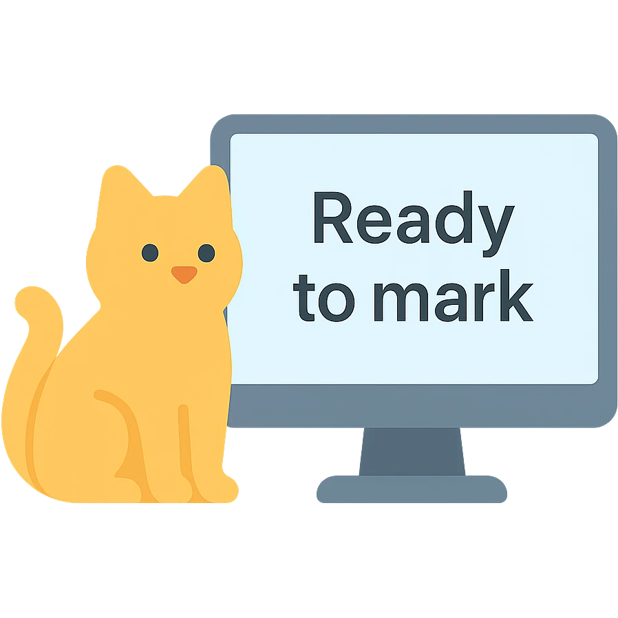 A cat sitting next to a computer with the inscription 'Ready to mark' emoji