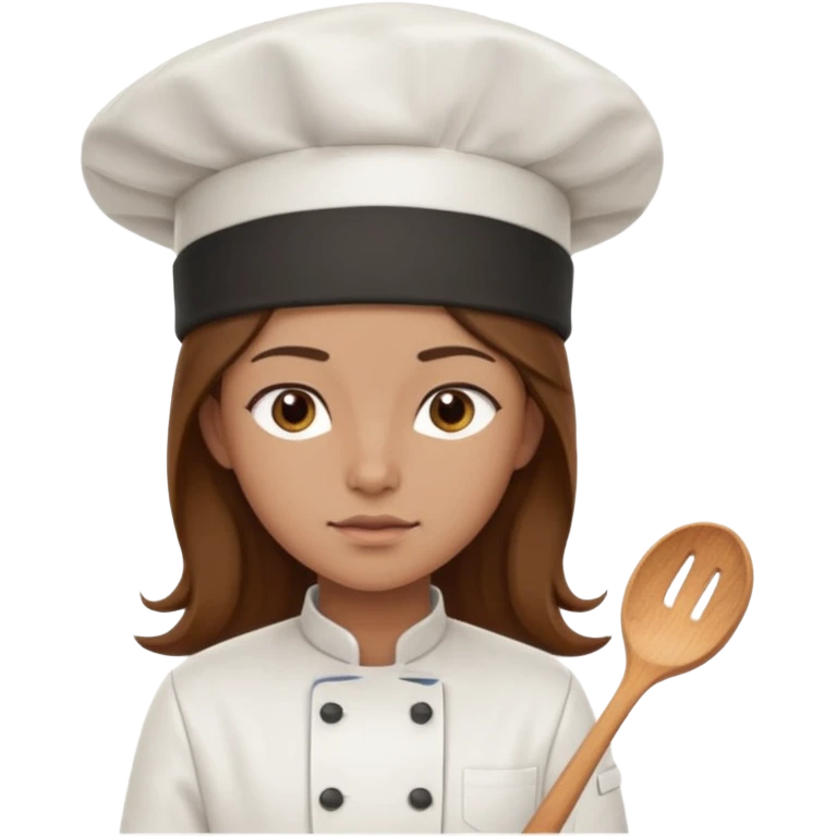 Long brown hair, serious, wearing chef uniform and chef hat emoji