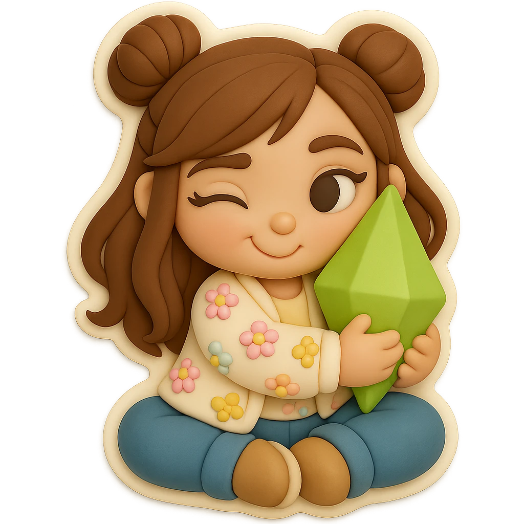3D chibi fondant cake art style, high-quality rendering with smooth shadows and soft gradients. Girl based on reference image with preserved facial features and eye shape, long brown hair in two space buns, brown eyes, jeans, pastel floral cardigan, shoes, thick white outline like a sticker, transparent background. Expression: Flirty, sitting in lotus pose, hugging a Plumbob and pressing her cheek to it like a kitten. Ensure the face, hairstyle, eye shape, and shoes match the reference exactly. emoji