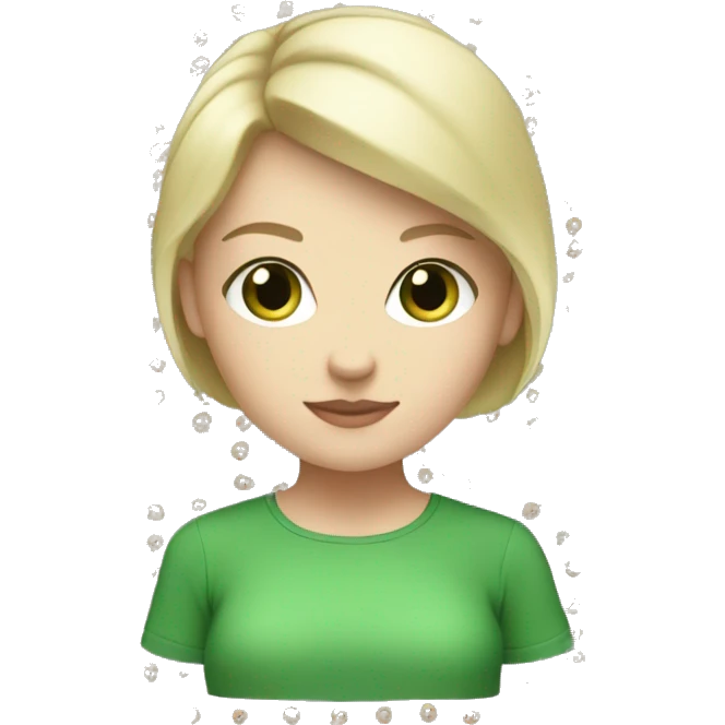 White girl, short blonde hair, green eyes, green shirt  emoji