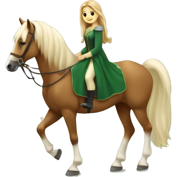 A beautiful majesty Haflinger was riding by a white beautiful girl with brown hair and a forest green princess dress emoji