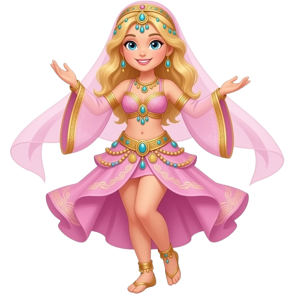 девушка с блондом волосами танцует восточные танцы в розовом костюме восточном отдельно топ и и короткая юбка с монетами emoji